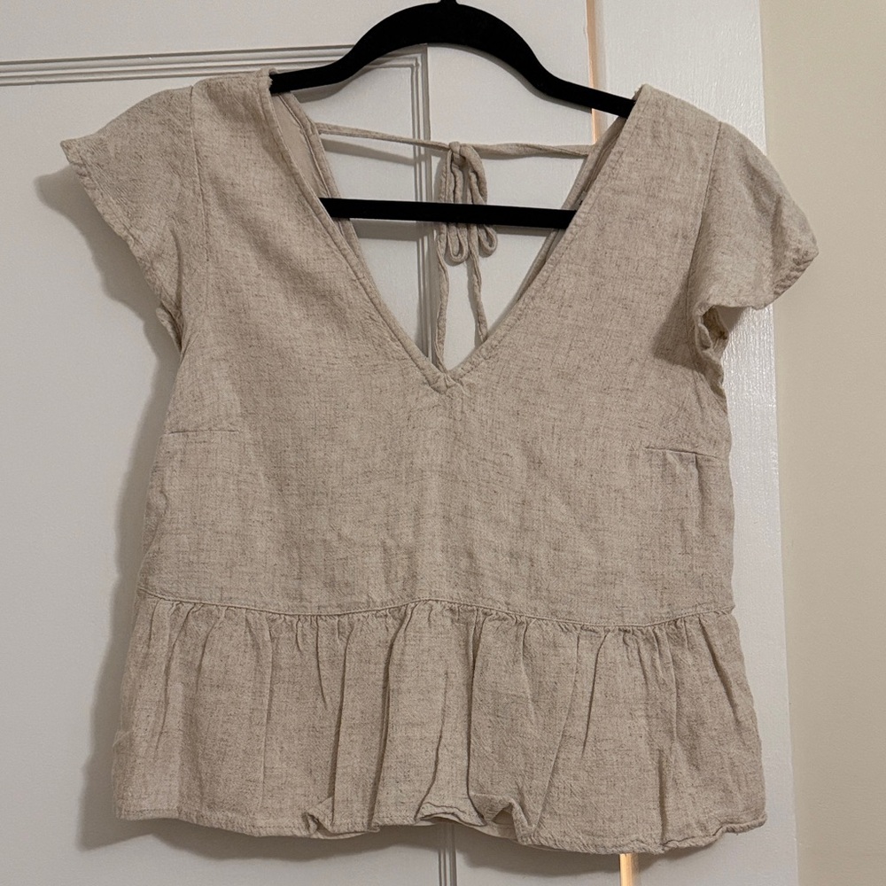 Abercrombie & Fitch Tan Linen Ruffle Blouse